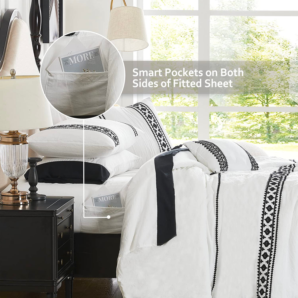 Maireve White Boho Comforter Set Queen 8 Piece With Embroidery, Western Farmhouse Queen Bedding Sets With Comforters, Sheets, Be