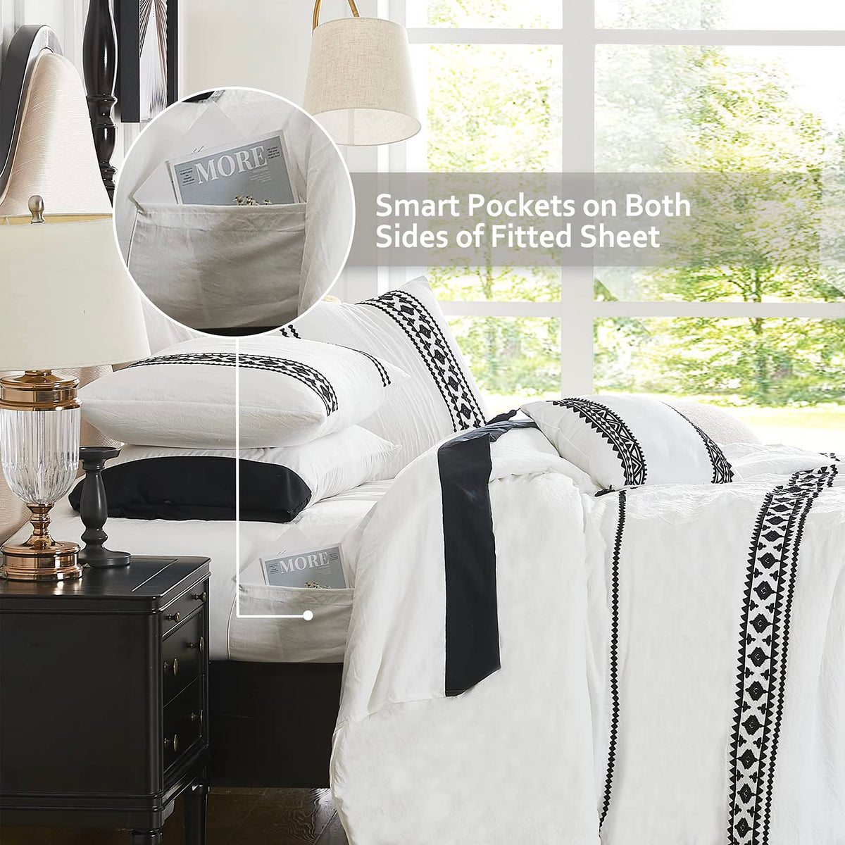 Maireve White Boho Comforter Set Queen 8 Piece With Embroidery, Western Farmhouse Queen Bedding Sets With Comforters, Sheets, Be