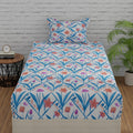 Huesland By Ahmedabad Cotton 144 Tc Bed Sheet Single Bed Cotton With 2 Pillow Covers | Blue & Yellow | Botanical Chevron