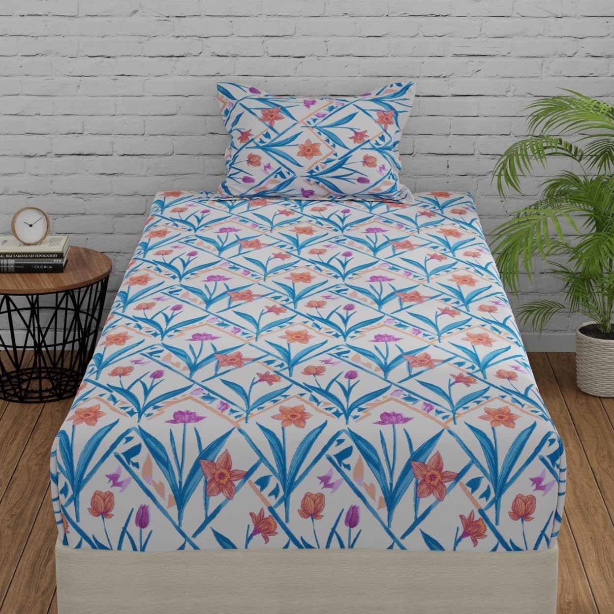 Huesland By Ahmedabad Cotton 144 Tc Bed Sheet Single Bed Cotton With 2 Pillow Covers | Blue & Yellow | Botanical Chevron