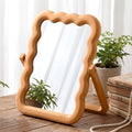 Fiwochic Wooden Wave Shaped Makeup Table Mirror with Stand Folding Tabletop Vanity Mirror Scalloped Aesthetic Wood Framed Standi