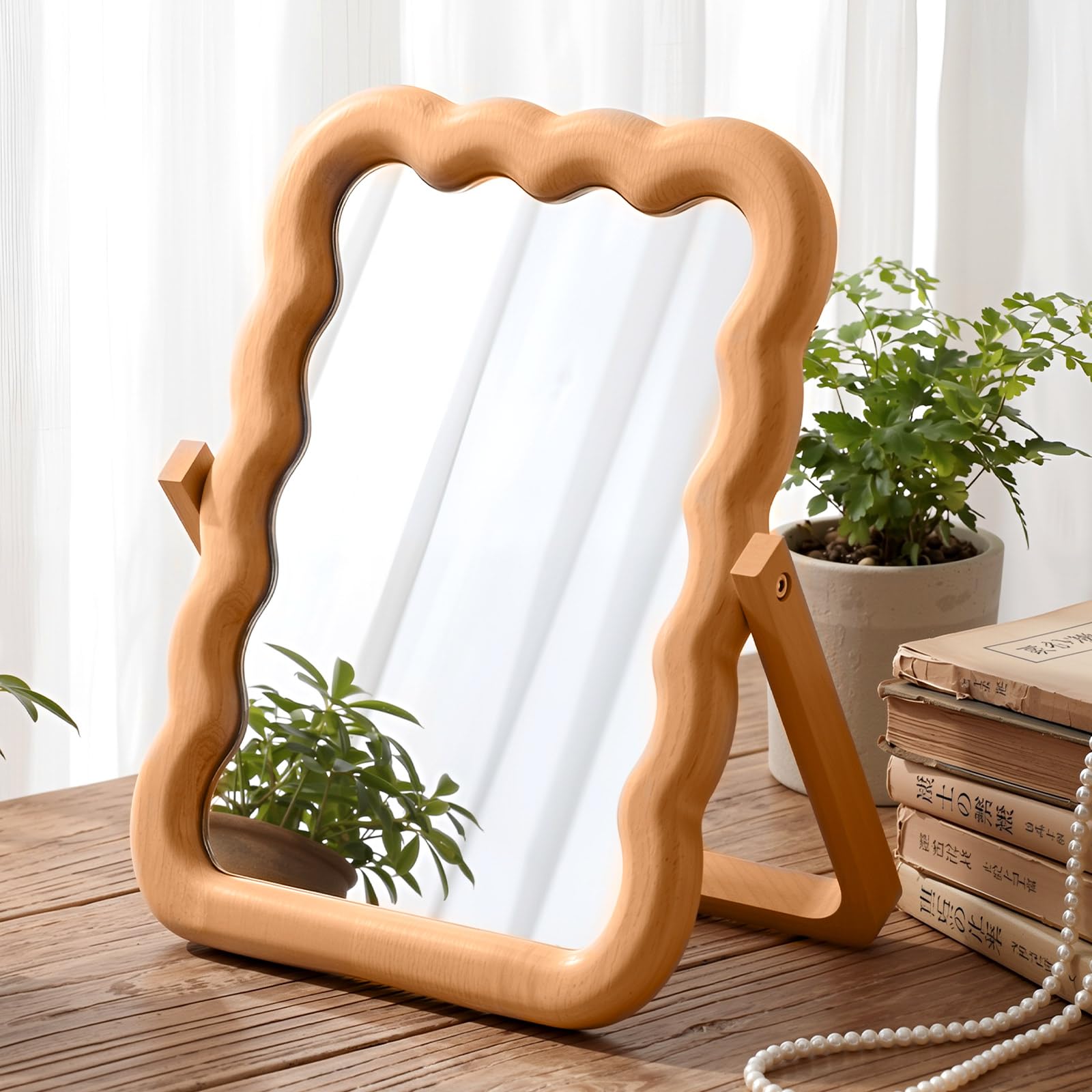 Fiwochic Wooden Wave Shaped Makeup Table Mirror with Stand Folding Tabletop Vanity Mirror Scalloped Aesthetic Wood Framed Standi