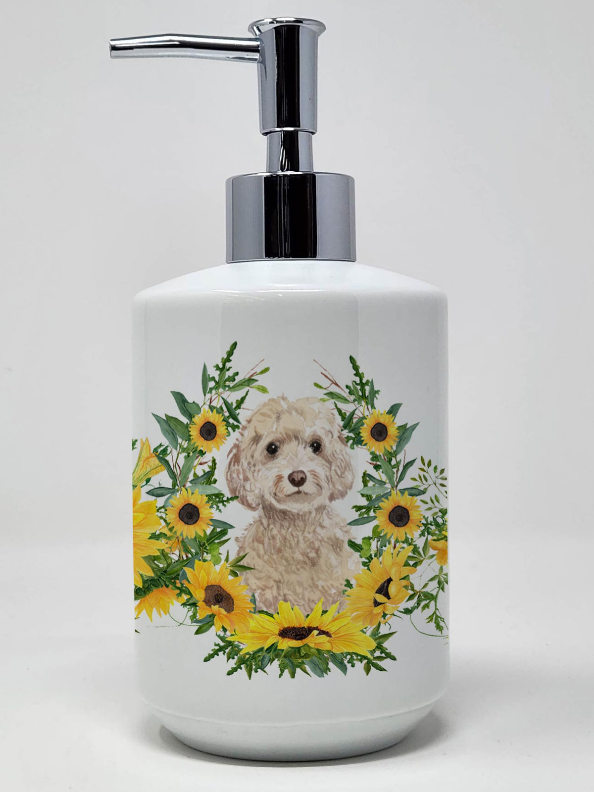 Caroline's Treasures CK2946SOAP Champagne Cockapoo in Sunflowers Ceramic Soap Dispenser Hand Soap Dispenser Pump Bottles for Bat