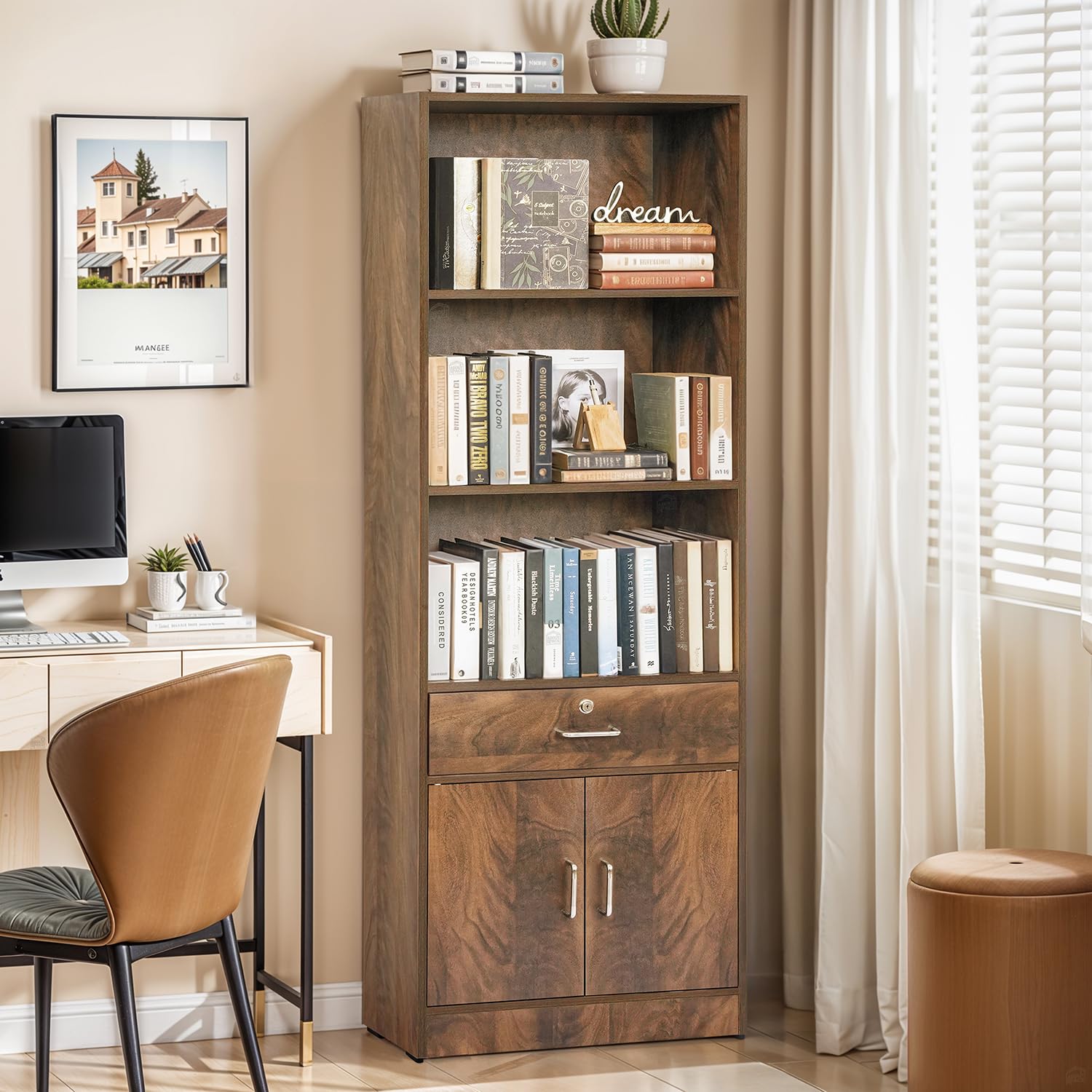 About Space 6 Ft Book Shelf  Wooden Book Rack With 3 Open Shelves, 1 Lockable Drawer & 1 Closed Cabinet With Magnetic Door, Eas
