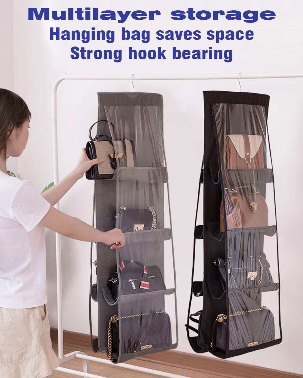 Aarainbow 1 Pack Hanging Handbag Purse Organizer For Closet, 8 Pockets Wardrobe Space Saving Purse Holder, Handbag Storage Bags Hanging, Womens Purse Storage Organizers, 41L X13.5W (B-Dark Gray)