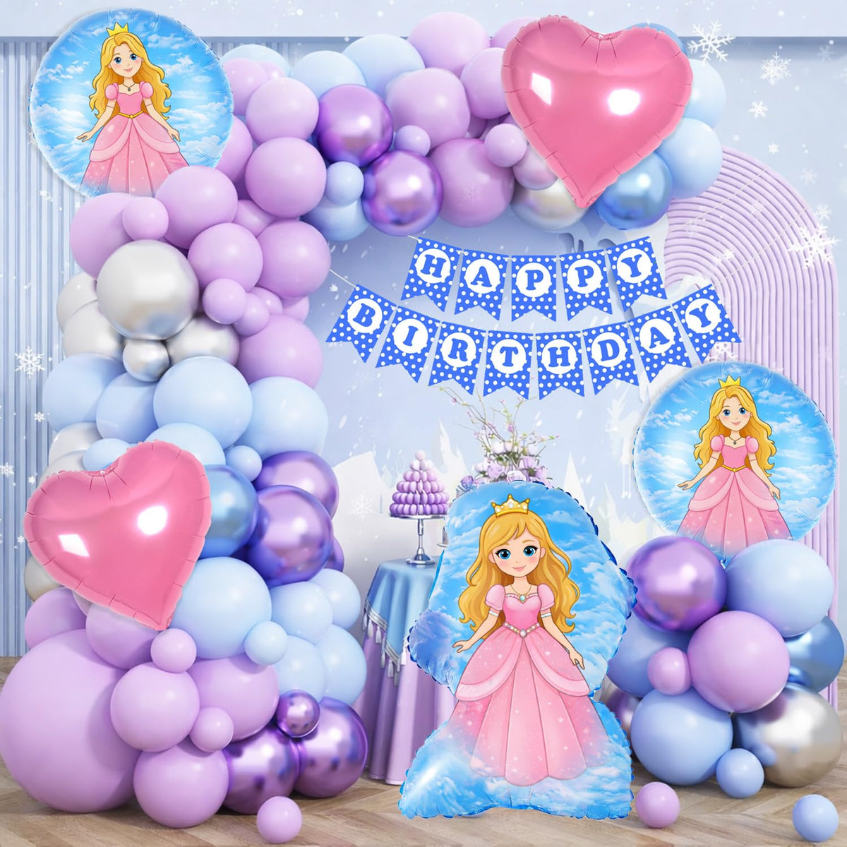 Velunza Set Of 42 Pcs Princess Theme Birthday Decoration Kit With Blue Happy Birthday Paper Banner, Princess Foil Balloon, Heart
