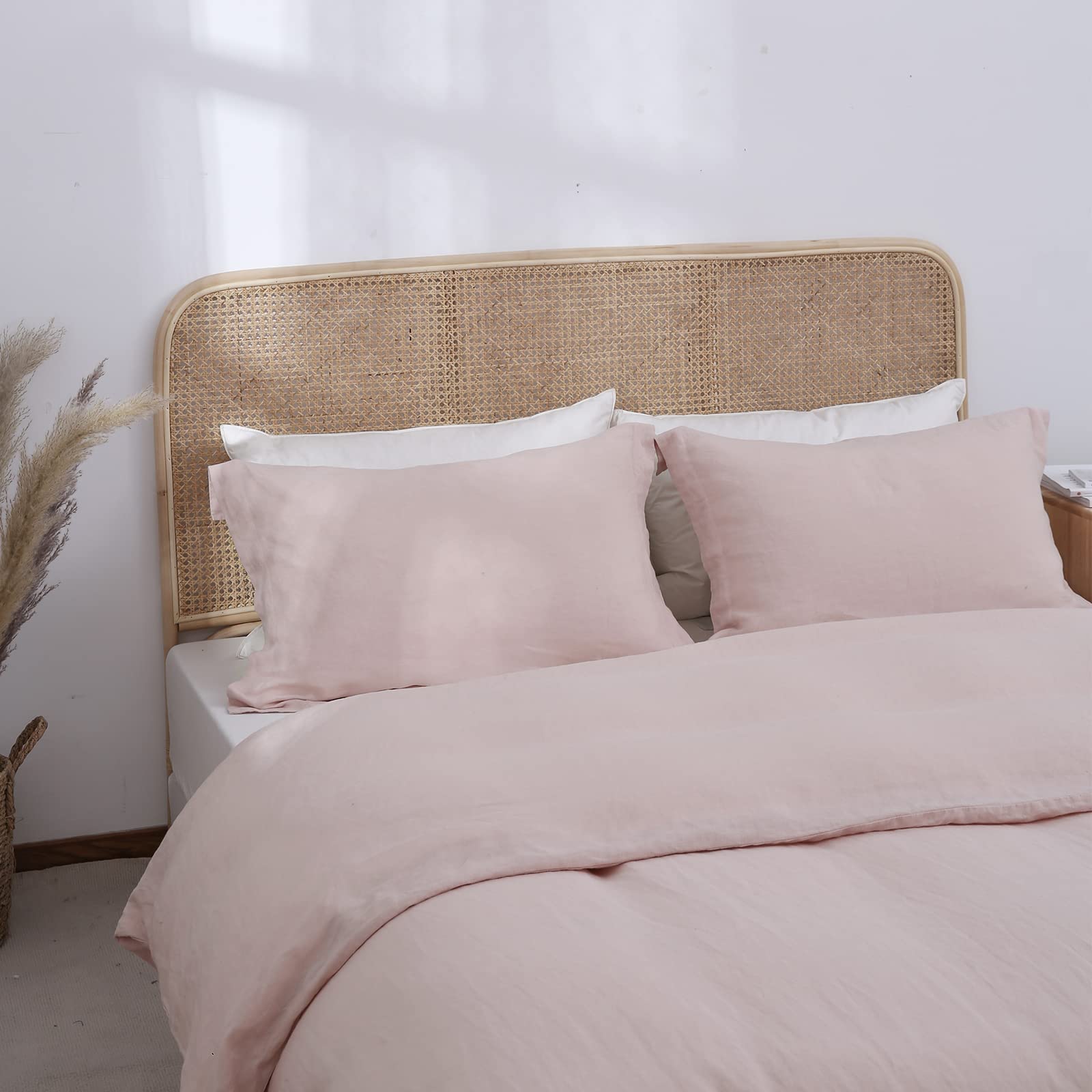 Simple&Opulence 100% Linen Duvet Cover Set, 3 Pcs Pure Natural French Flax Blush Pink Duvet Cover King Size, Breathable Soft Com