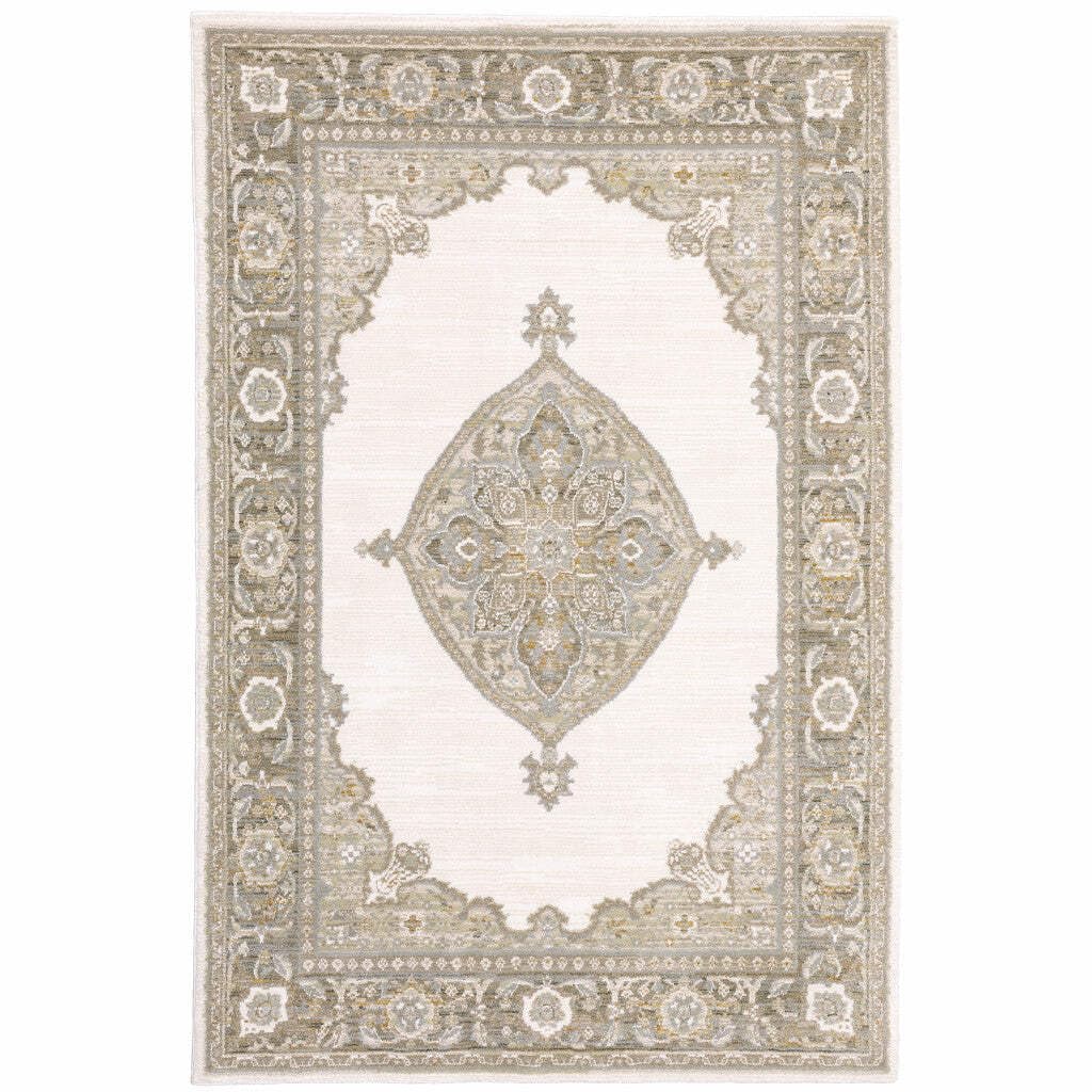 HomeRoots 510141 10 x 13 ft. Beige Ivory Tan Gold Gray & Green Oriental Power Loom Stain Resistant Rectangle Area Rug