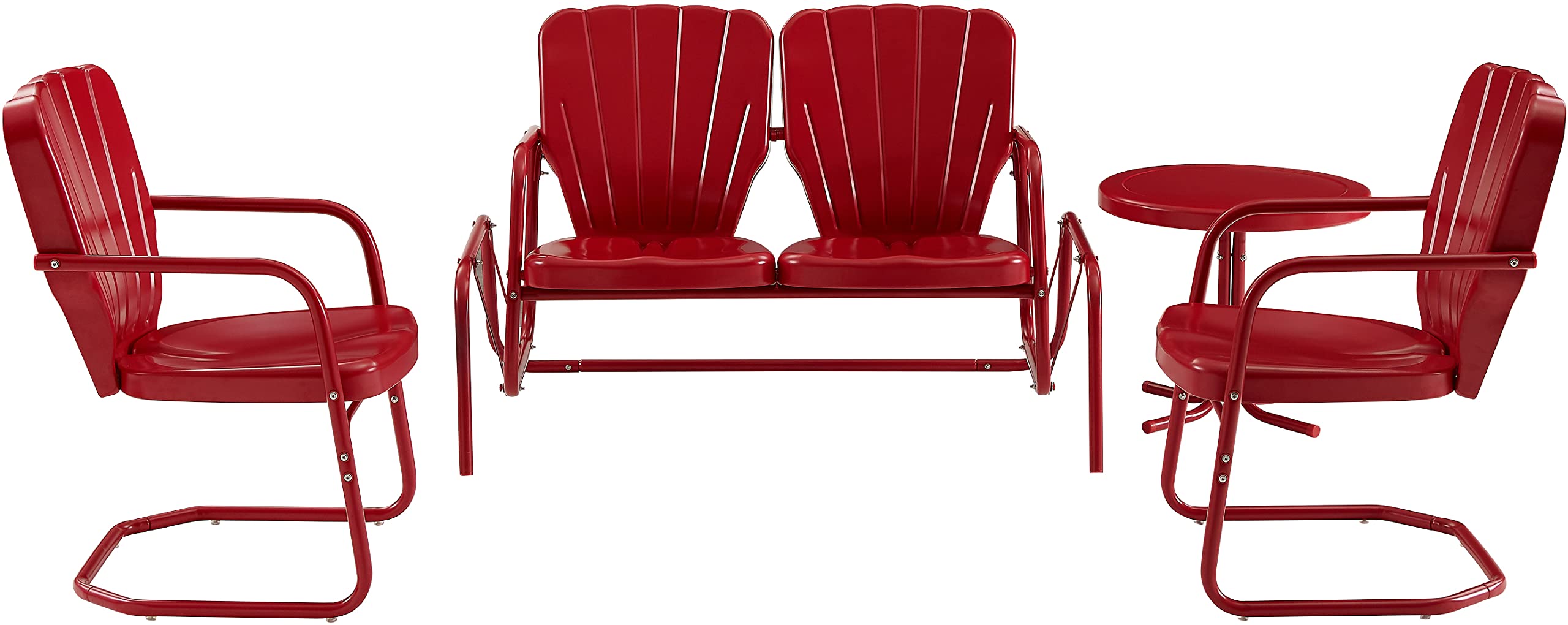 Crosley Furniture Ridgeland 4-Piece Retro Metal Outdoor Loveseat Glider Patio Furniture Set for Porch, Deck, Bright Red Gloss