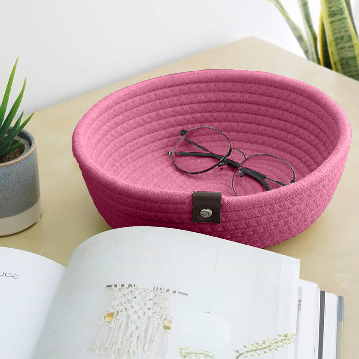 Bobbiny Handwoven Natural Jute And Cotton Storage Baskets  Home, Kitchen, And Office Organization (Small (8.7inch X 2.8inch), Magenta