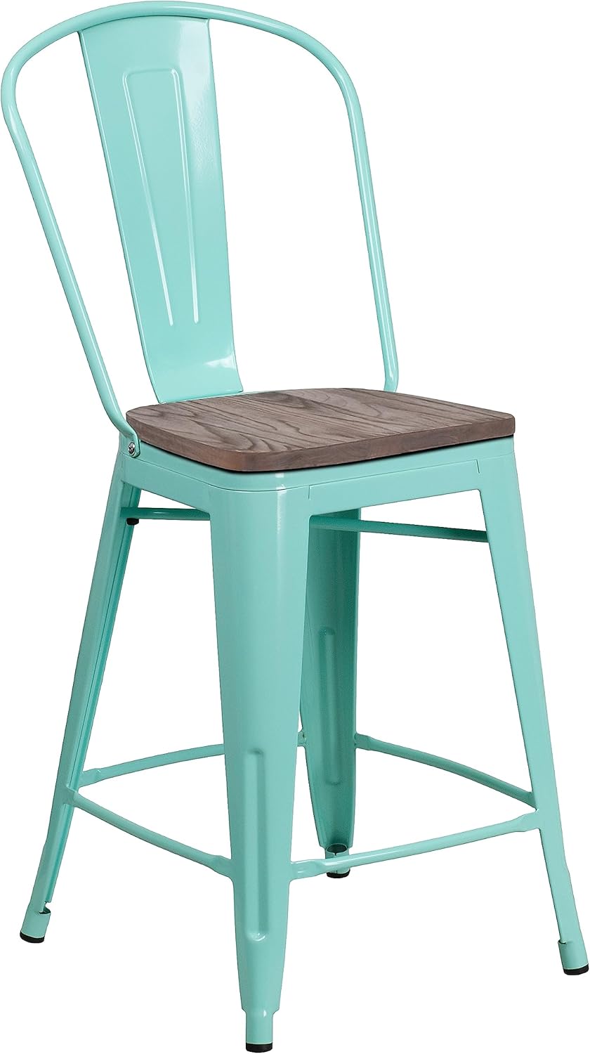 24 High Mint Green Metal Counter Height Stool with Back and Wood Seat