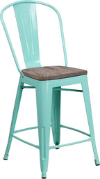 24 High Mint Green Metal Counter Height Stool with Back and Wood Seat