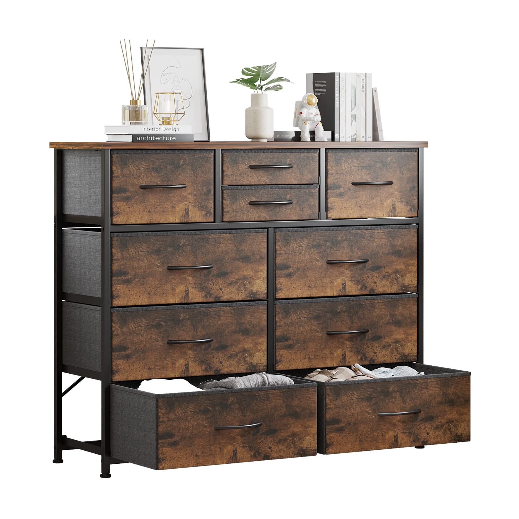 LUMTOK 10-Drawer Dresser, Fabric Storage Dressers for Bedroom, Hallway, Nursery, Closets, Steel Frame, Wood Top, Easy Pull Handl