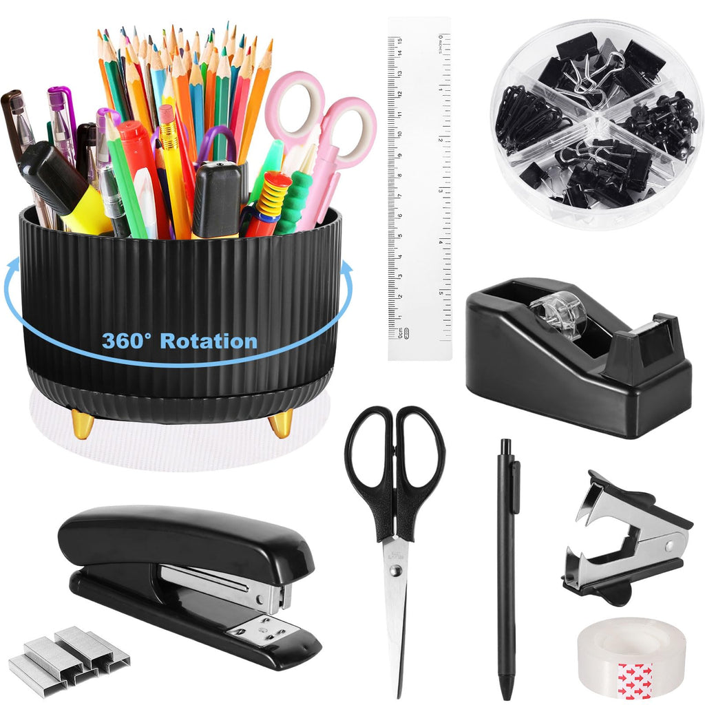 Gawsey Black Desk Organizers And Accessories 10Pcs Set With 360-Degree Rotating Pen Holder, Tape Dispenser, Stapler, Staple Remo