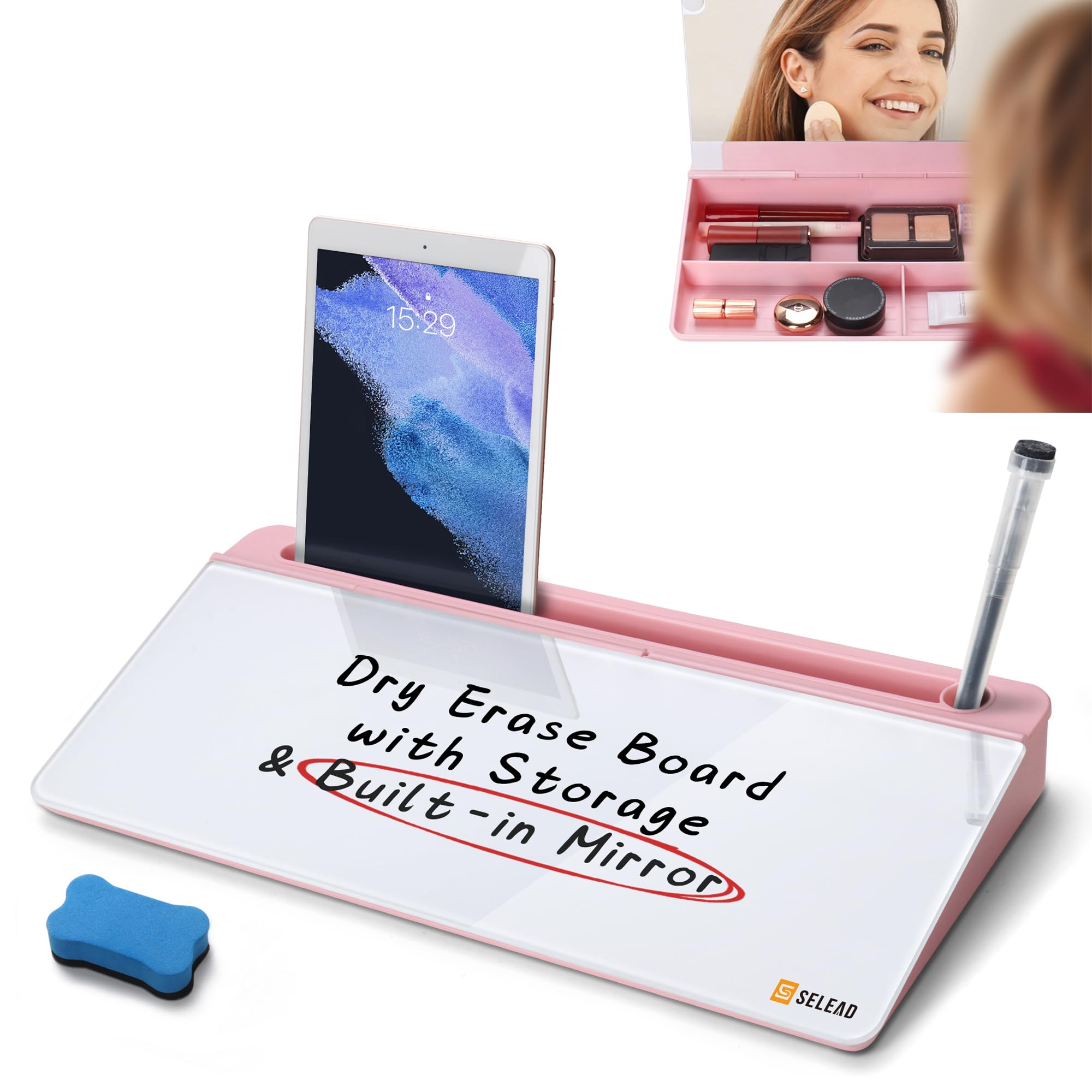 Selead Desktop Glass Whiteboard With Organizer & Built-In Mirror - Small Dry Erase White Board Computer Pad Keyboard Stand With