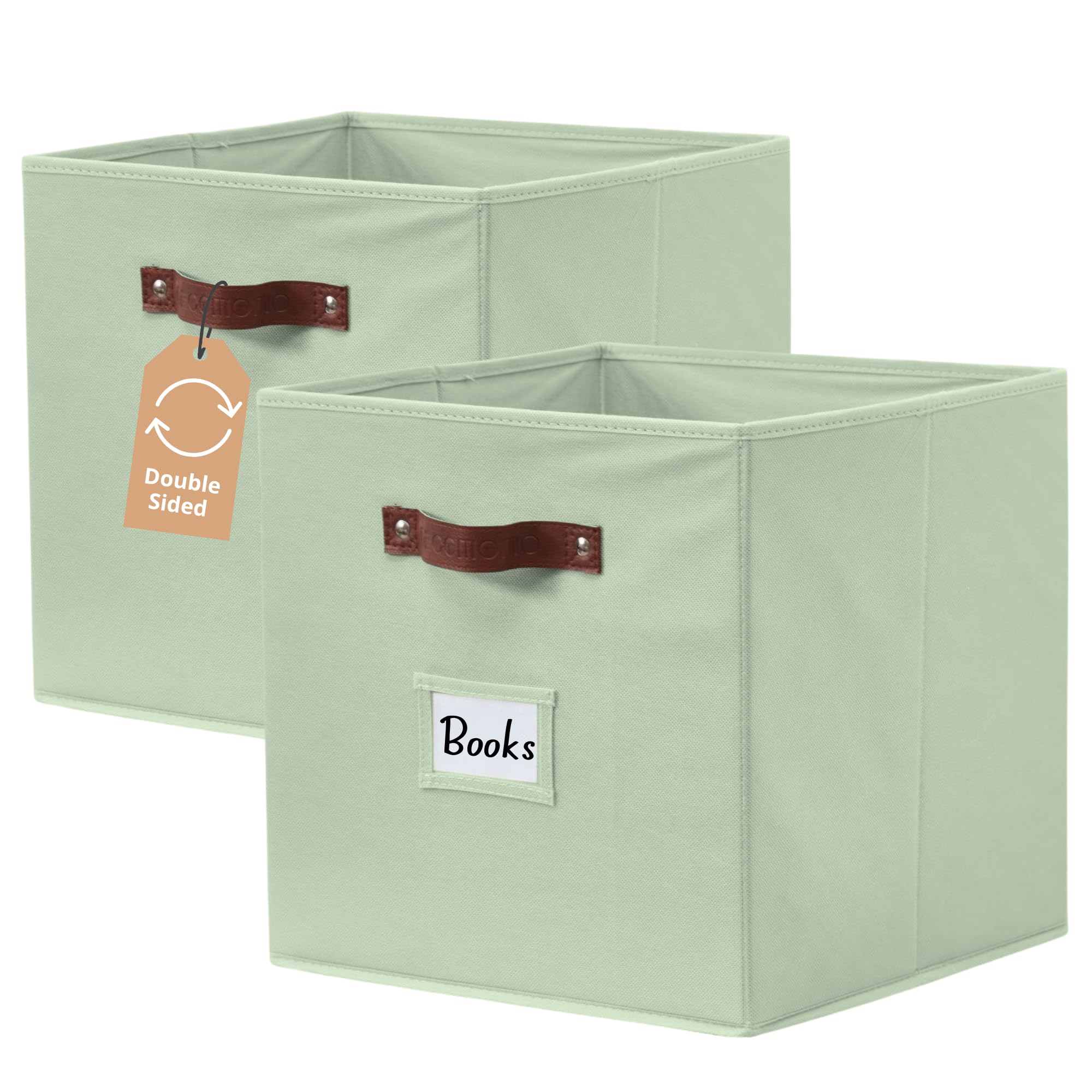 DECOMOMO Storage Bins, Cube Storage Bin with Labels, Fabric Storage Cubes for Shelves (10.5 x 11 / 2pcs, Sage Green)