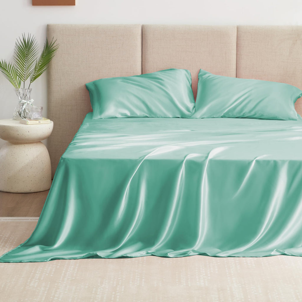 Love'S Cabin Twin Satin Sheets Sets - 3 Piece Aqua Silky Satin Bed Sheets Twin With Deep Pockets, Luxury Silk Feel Satin Twin Size Sheet Set Bedding Set (1 Flat Sheet,1 Fitted Sheet,1 Pillow Case)