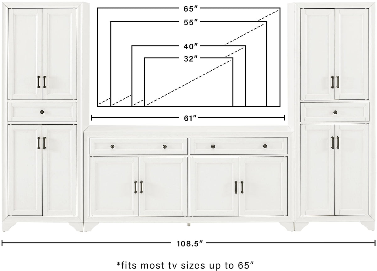 Crosley Furniture Tara 3-Piece Entertainment Center with TV Stand, Storage Cabinets, and Adjustable Shelves, Distressed White