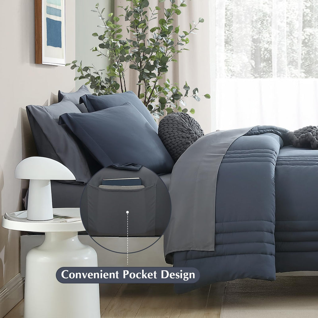 Monbix Queen Comforter Set - 7 Pieces, Blue Gray, All Seasons Down Alternative, Model Solid Comforter-001, Includes Sheets & Pillowcases