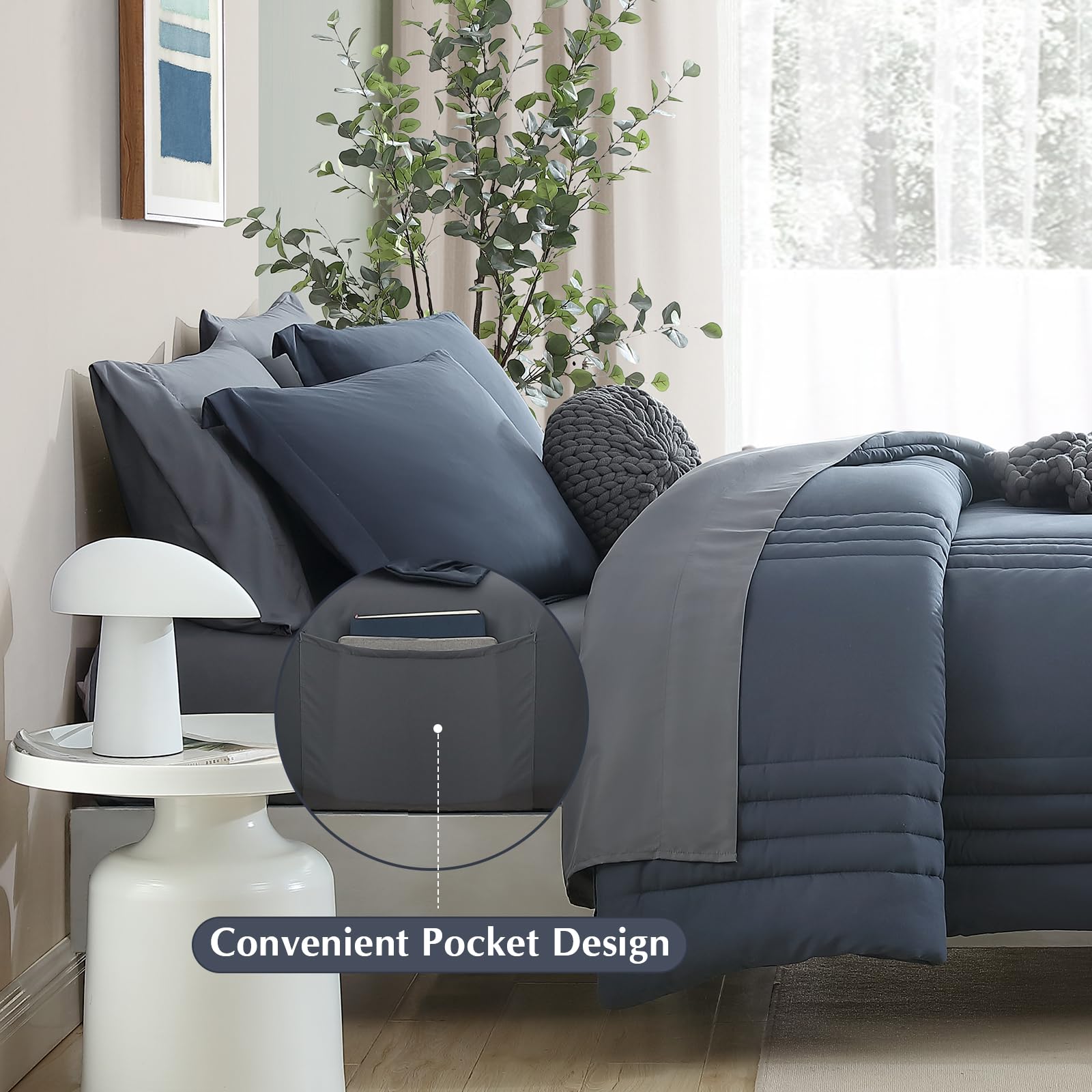 Monbix Queen Comforter Set - 7 Pieces, Blue Gray, All Seasons Down Alternative, Model Solid Comforter-001, Includes Sheets & Pillowcases