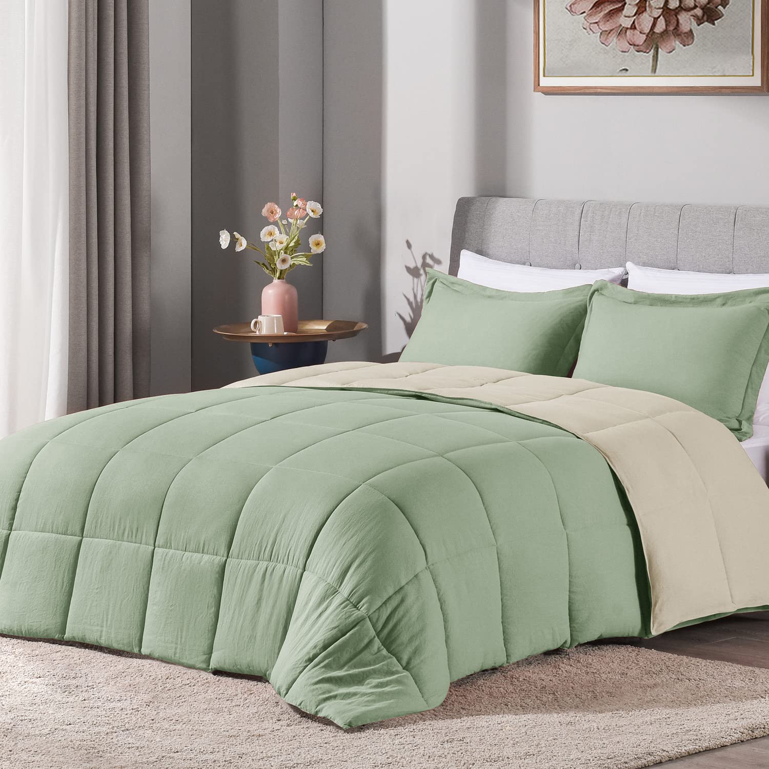 Lovtex 3Pcs Sage Queen Size Comforter Sets - Ultra Soft Washed Microfiber Queen Comforter Set - Reversible Down Alternative Beig