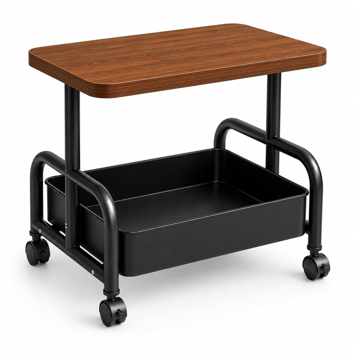 Homero 2Tier Side Table With Wheels, Utility Trolley Table For Living Room, Bedroom & Kitchen, Wooden Top, Black Metal Frame