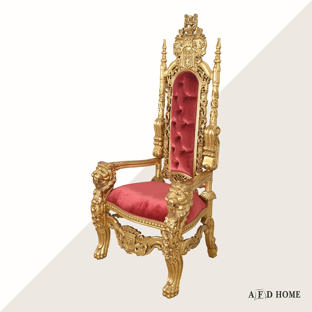 AFD Home King Chair, Accent Chair, Linen-Upholstered Table Chair, Mahogany Hand-Carved Chair, Antique Gold with Dark red Fabric