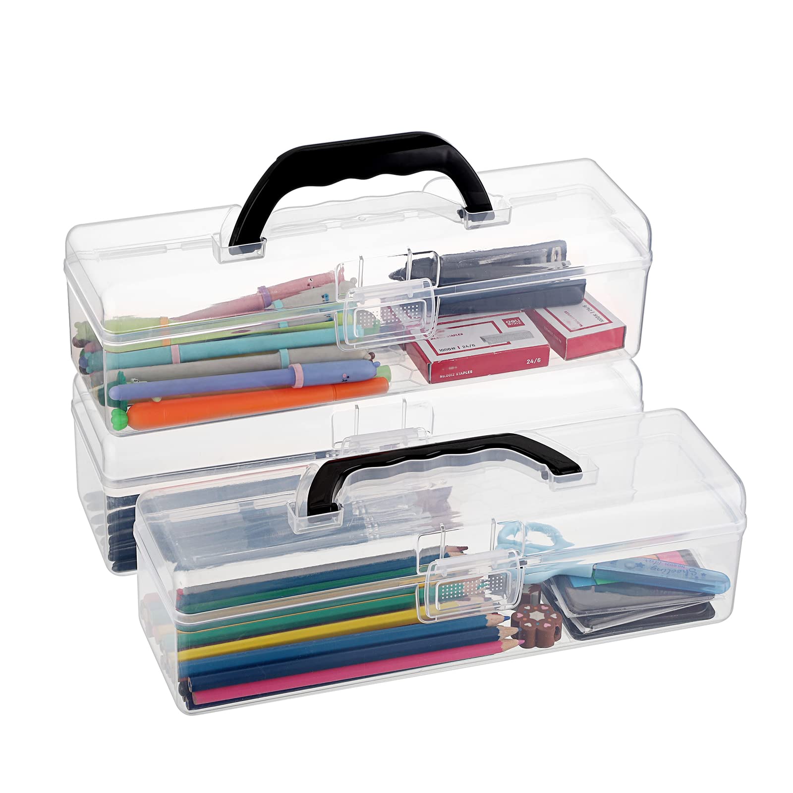 Btsky 3 Pack Long Plastic Pencil Box Portable Clear Home Utility Boxes With Black Handle Stationery Storage Organizer Painting T