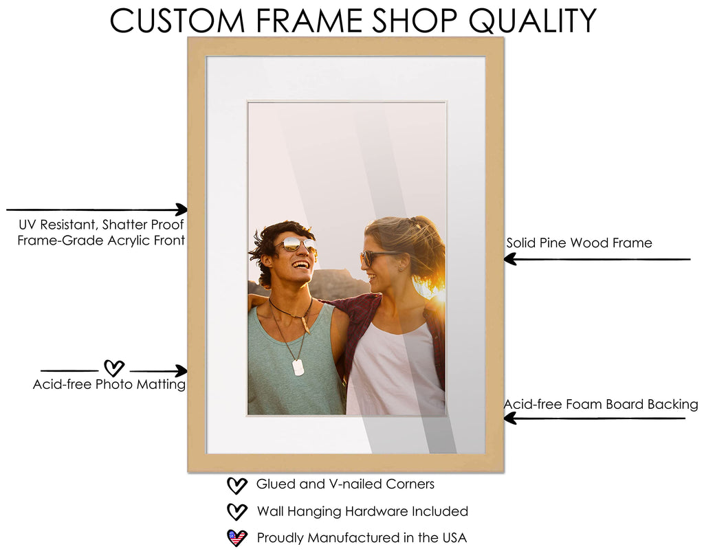 27X40 Natural Wood With White Mat | 30X43 Frame Matted To 27X40 | Display Your Picture Under Uv Acrylic Shatter Guard Front, Wit
