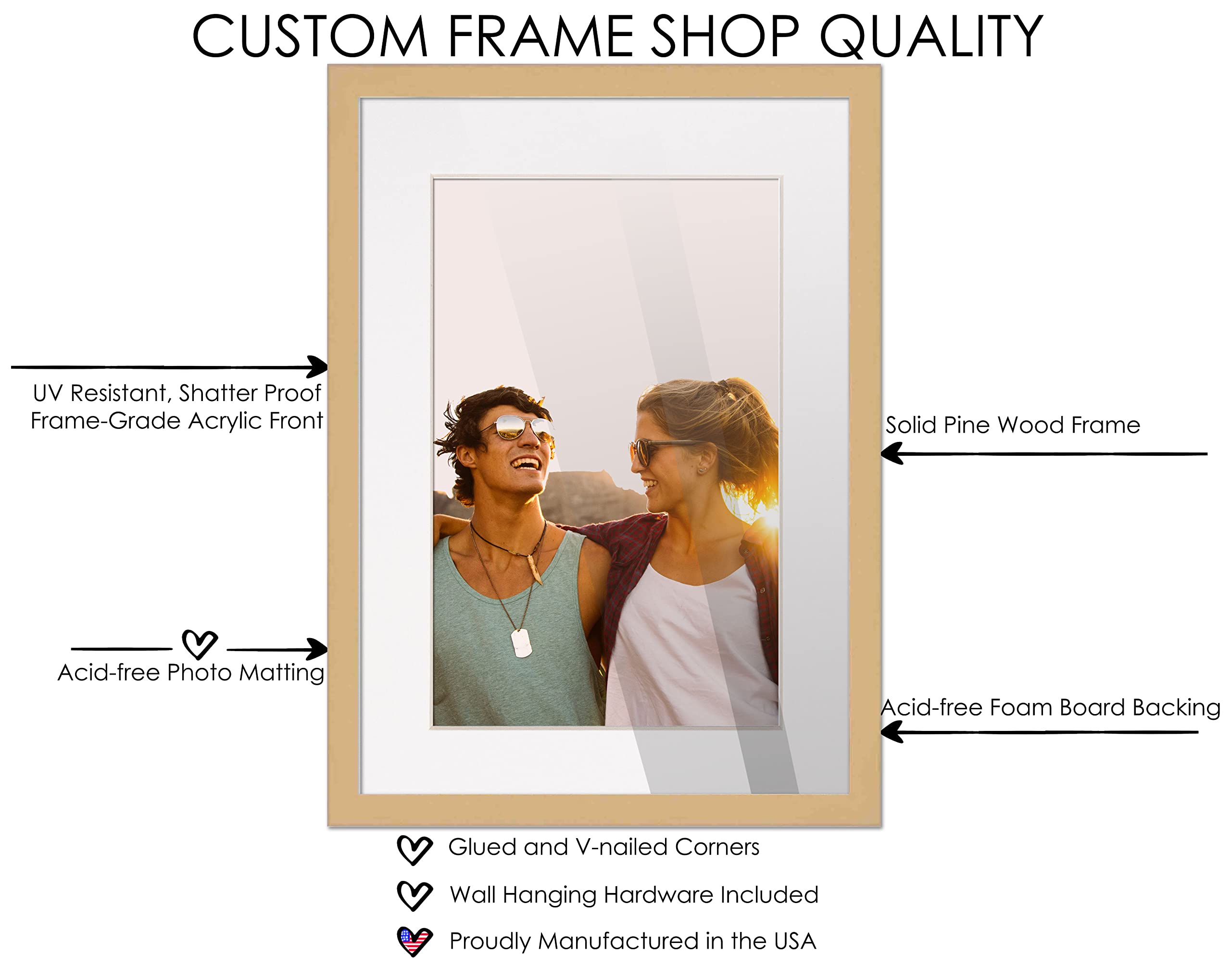 27X40 Natural Wood With White Mat | 30X43 Frame Matted To 27X40 | Display Your Picture Under Uv Acrylic Shatter Guard Front, Wit