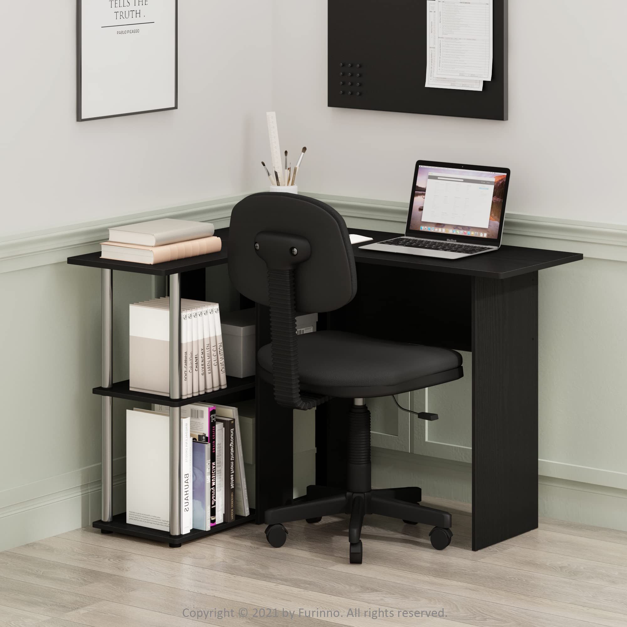 Furinno Abbott L-Shape Desk With Bookshelf, Americano/Chrome