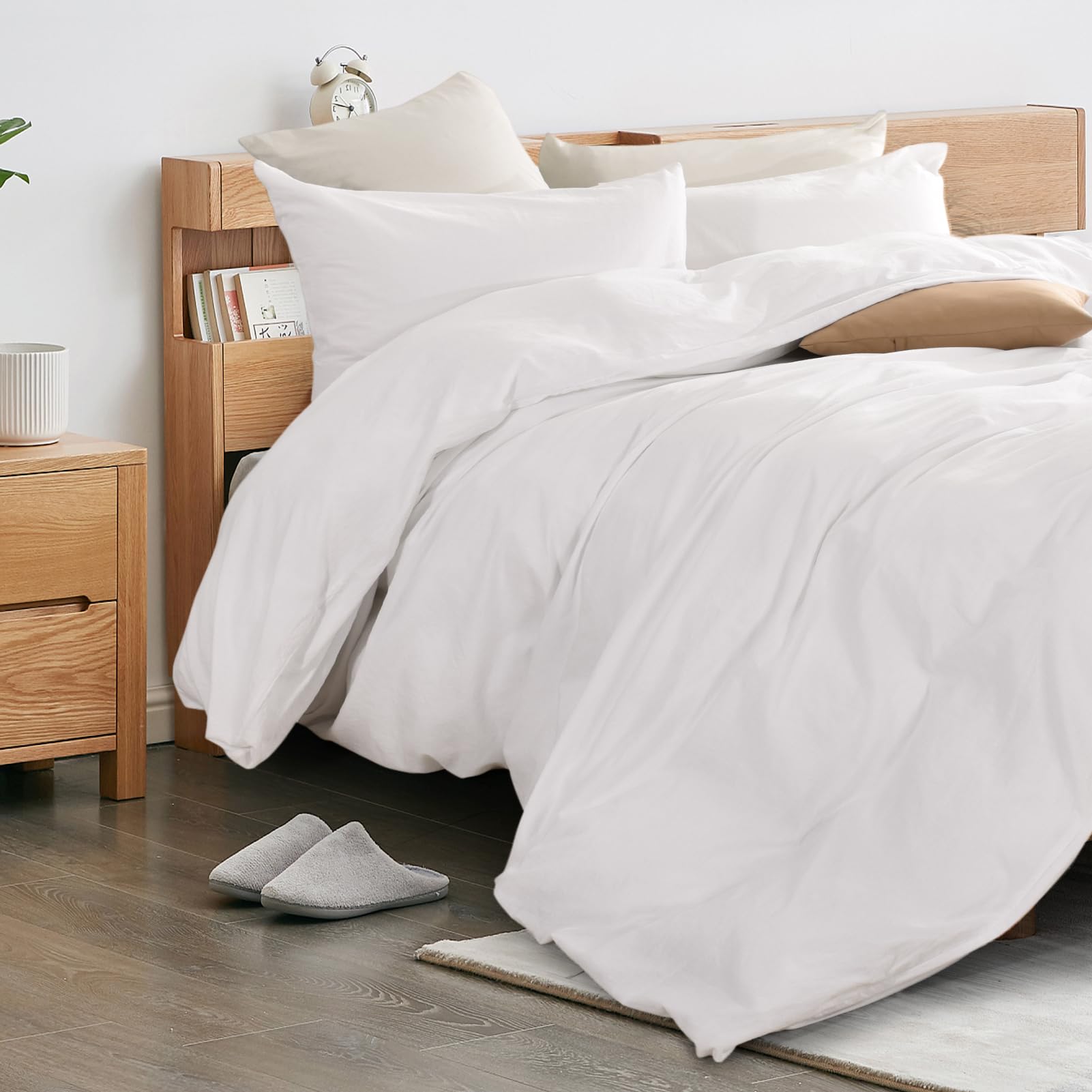 Nexhome Pro Duvet Cover Set 100% Washed Cotton Full Size Linen Feel Textured Organic Natural 3 Pieces Bedding Set With Zipper Closure And Corner Ties, Breathable And Soft (White, No Comforter)