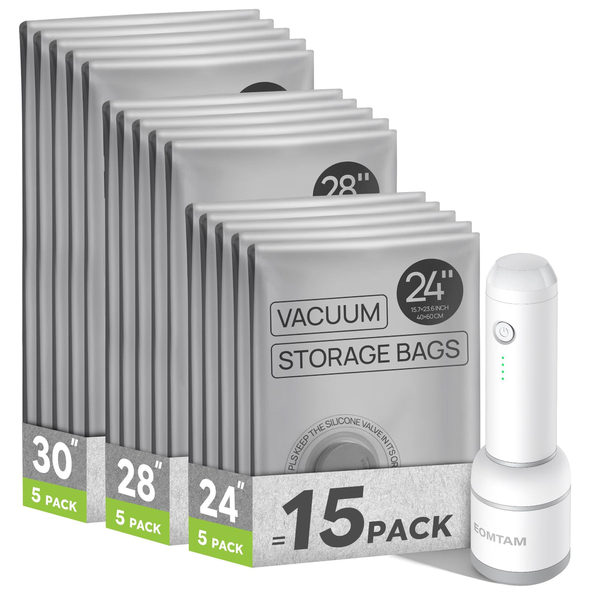 Eomtam Vacuum Storage Bags with Rechargeable Pump for Travel, 15 Combo Set