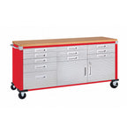 Seville Classics Ultrahd Heavy Duty Rolling Cabinet Workbench Table W/Solid Wood Top, Workstation For Garage, Warehouse, Office, Workshop, 77' W X 20' D X 37.5' H, Red, 11-Drawer