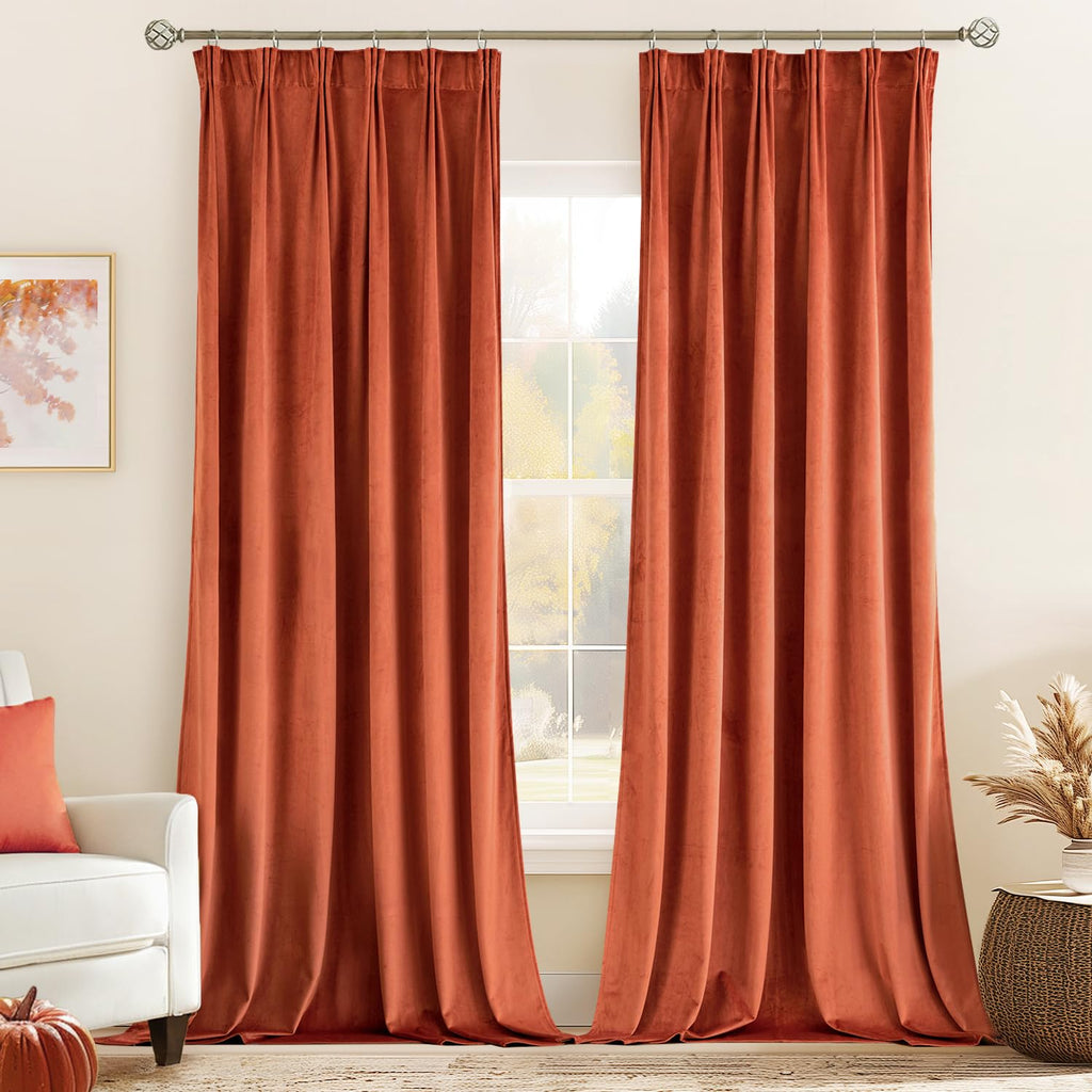 MIULEE Burnt Orange Velvet Curtains 90 Inches Long 2 Panels- Back Tab & Rod Pocket & Pleated Fall Rust Terracotta Window Curtain