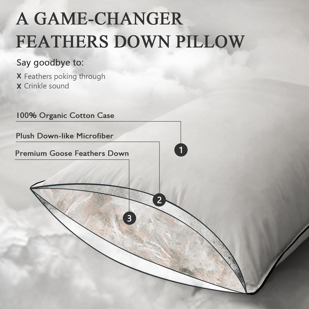 Dwr Goose Feather Down Pillow For Sleeping 2 Pack, Queen Size Organic Cotton Hotel-Style Bed Pillow Inserts, Soft Medium Pillow