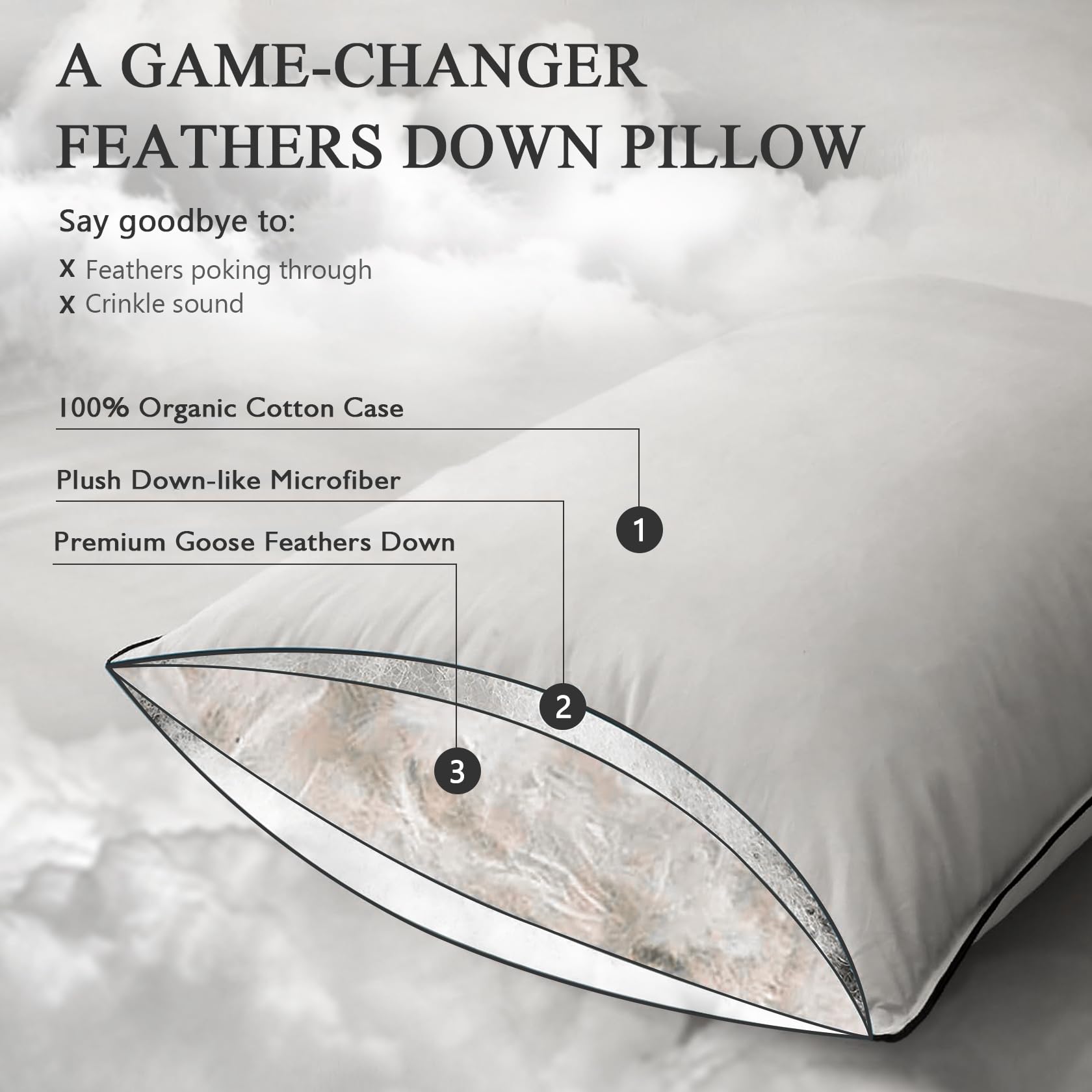 Dwr Goose Feather Down Pillow For Sleeping 2 Pack, Queen Size Organic Cotton Hotel-Style Bed Pillow Inserts, Soft Medium Pillow