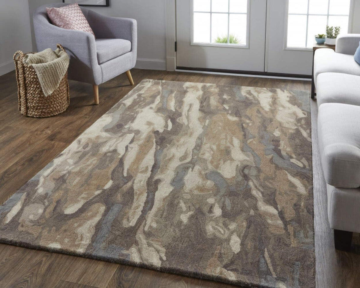 HomeRoots 512732 8 x 10 ft. Brown Gray & Tan Wool Abstract Hand Tufted Handmade Stain Resistant Rectangle Area Rug