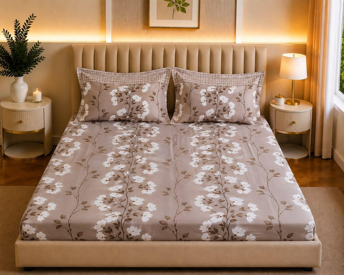 Castiqa Cotton Feels Microfiber Fabric Floral Designs Super King Size Fitted Bedsheet with 2 Pillow Covers 72x78 inch (Fits Upto