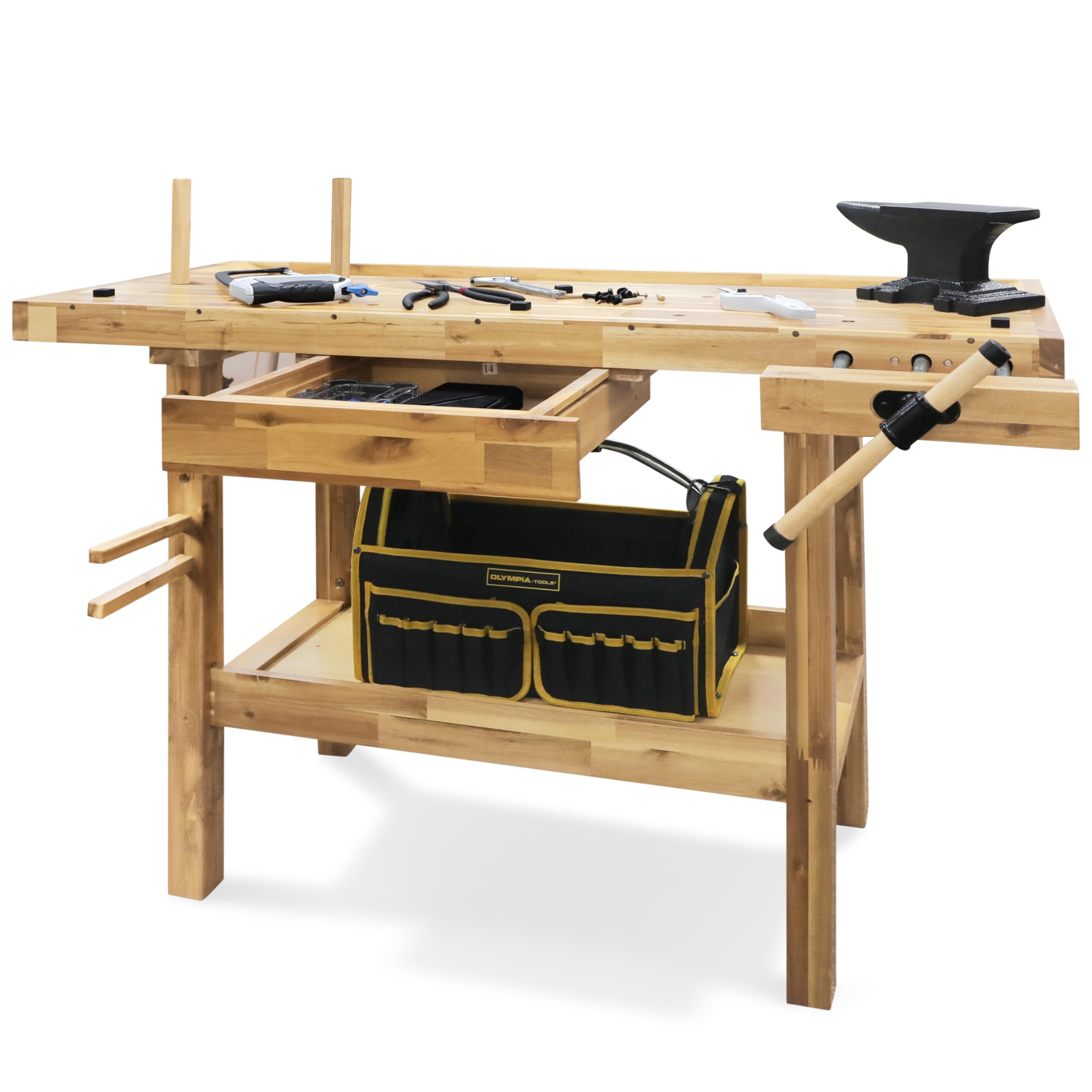 Olympia Tools 48-Inch Acacia Hardwood Workbench With Drawer - 330Lbs Weight Capacity Heavy Duty Portable Wood Work Bench Table F