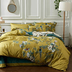 Mixinni Floral Duvet Cover Set Full Soft Cotton White Flowers Birds Bedding With Zipper Closure 2 Pillowcases Leaf Printed Yello