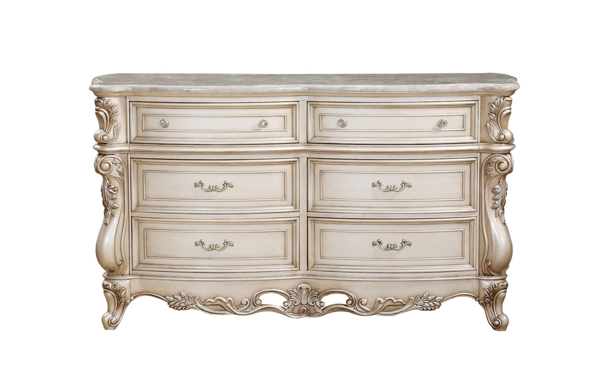 Acme Gorsedd 6-Drawer Wooden Dresser with Marble Top in Golden Ivory