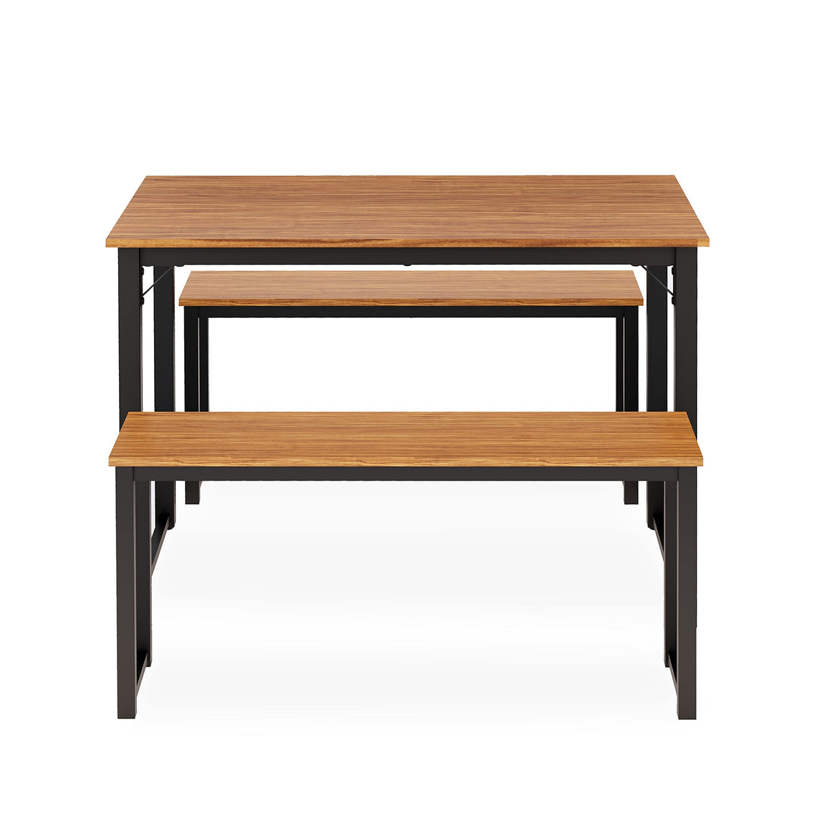 East West Furniture Parmer 3 Piece Metal Frame Dining Set for Small Spaces Contains a Rectangle Table and 2 Benches, 43x28x30 Inch, Black Top and Brown Wood