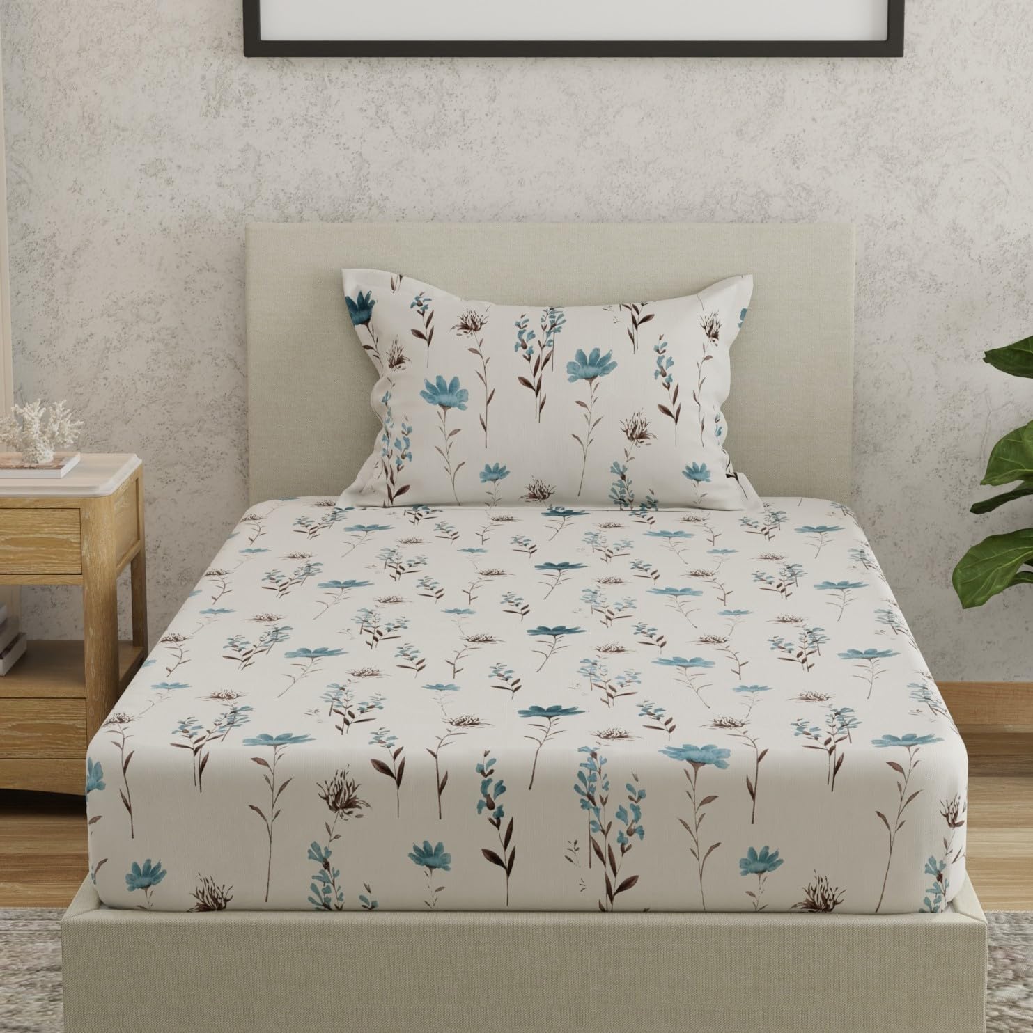 Huesland By Ahmedabad Cotton 144 Tc Bedsheet For Single Bed With 1 Pillow Cover | White & Blue