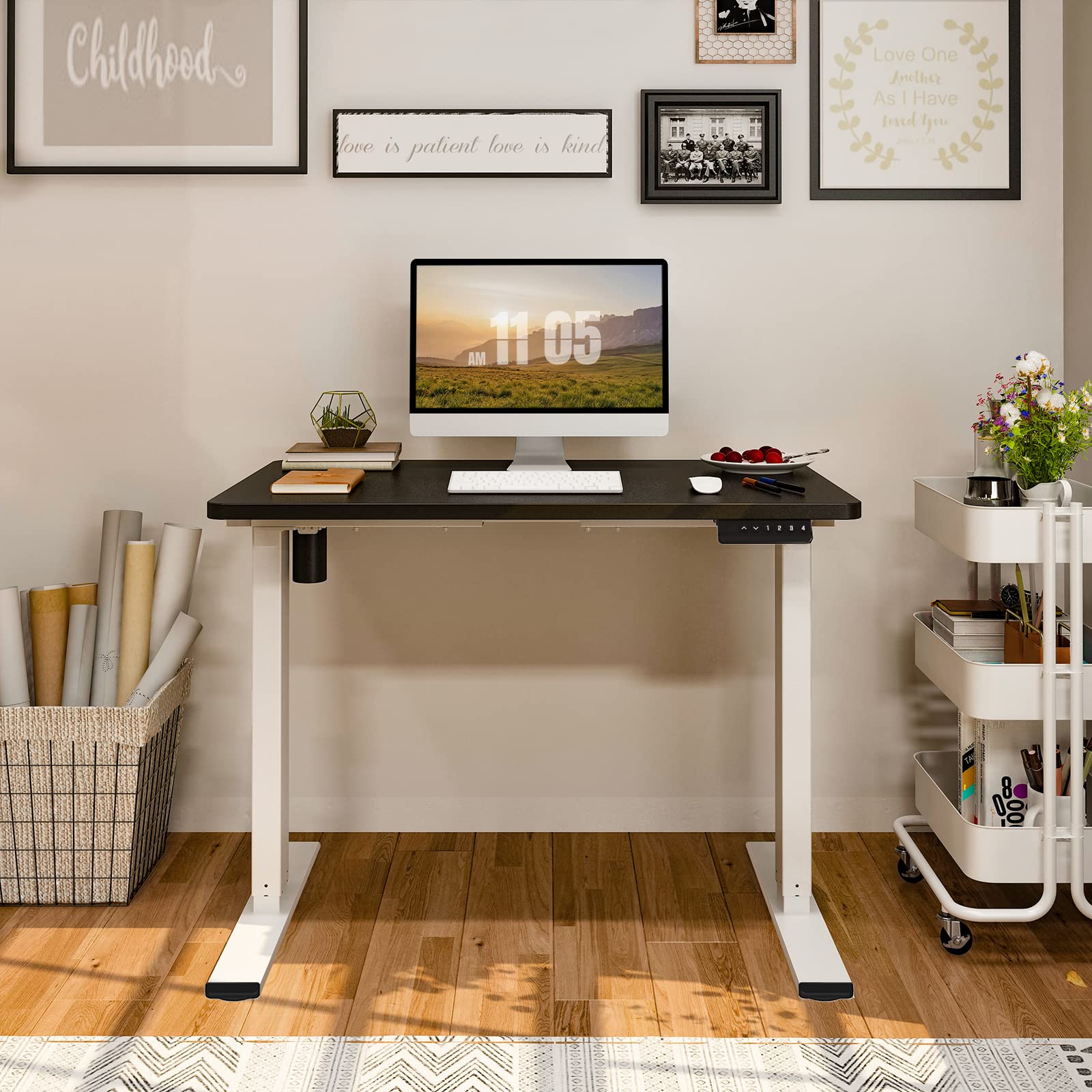 Flexispot En1 Electric Small Standing Desk 40 X 24 Inches Whole-Piece Desktop Adjustable Height Desk Ergonomic Memory Controller (White Frame + 40' Black Desktop, 2 Packages)