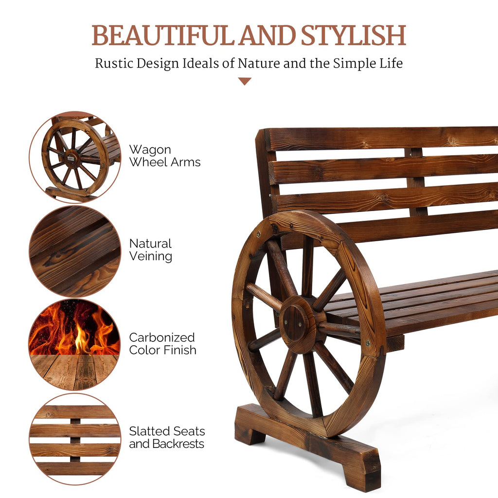 Vingli Rustic Wooden Wheel Bench, 41' 2-Person Wagon Slatted Seat, Outdoor Patio Furniture, 350Lbs High Capacity, Weather Resistance