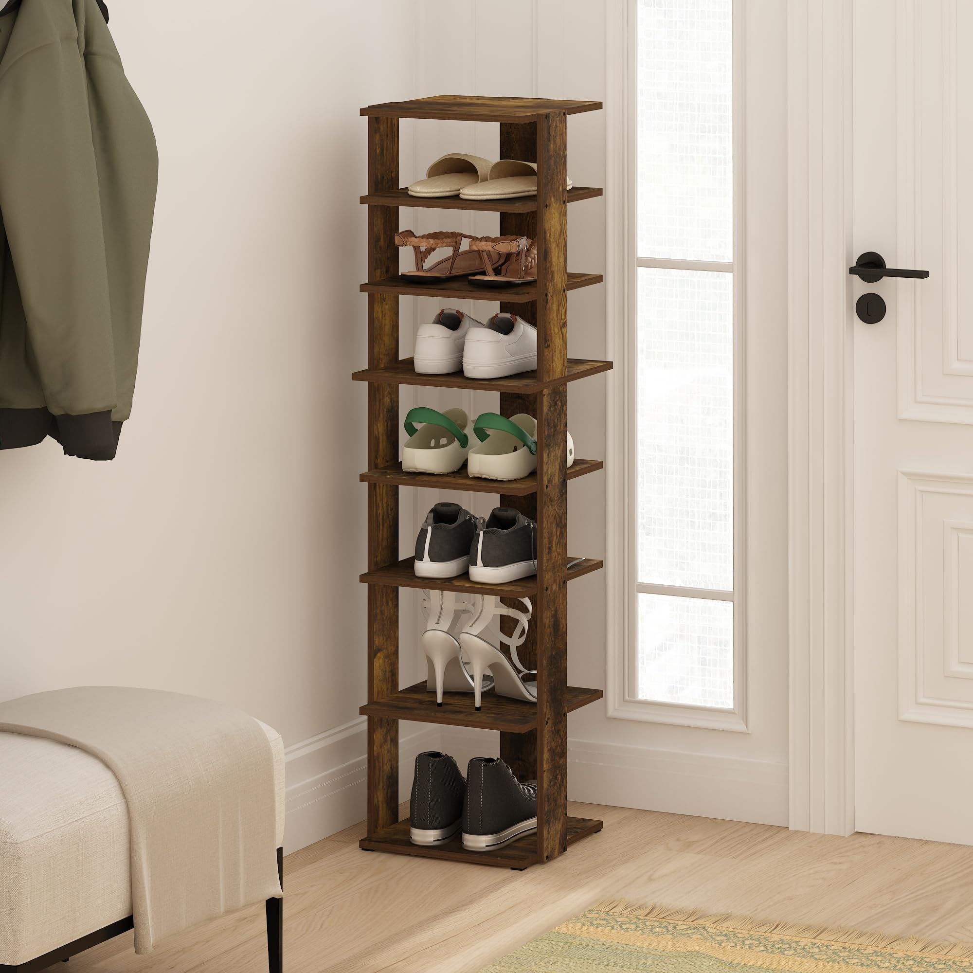 Furinno Compact 8-Tier Vertical Space Saving Free Standing Shoe Tower, Shoe Rack for Closet Entryway, Amber Pine