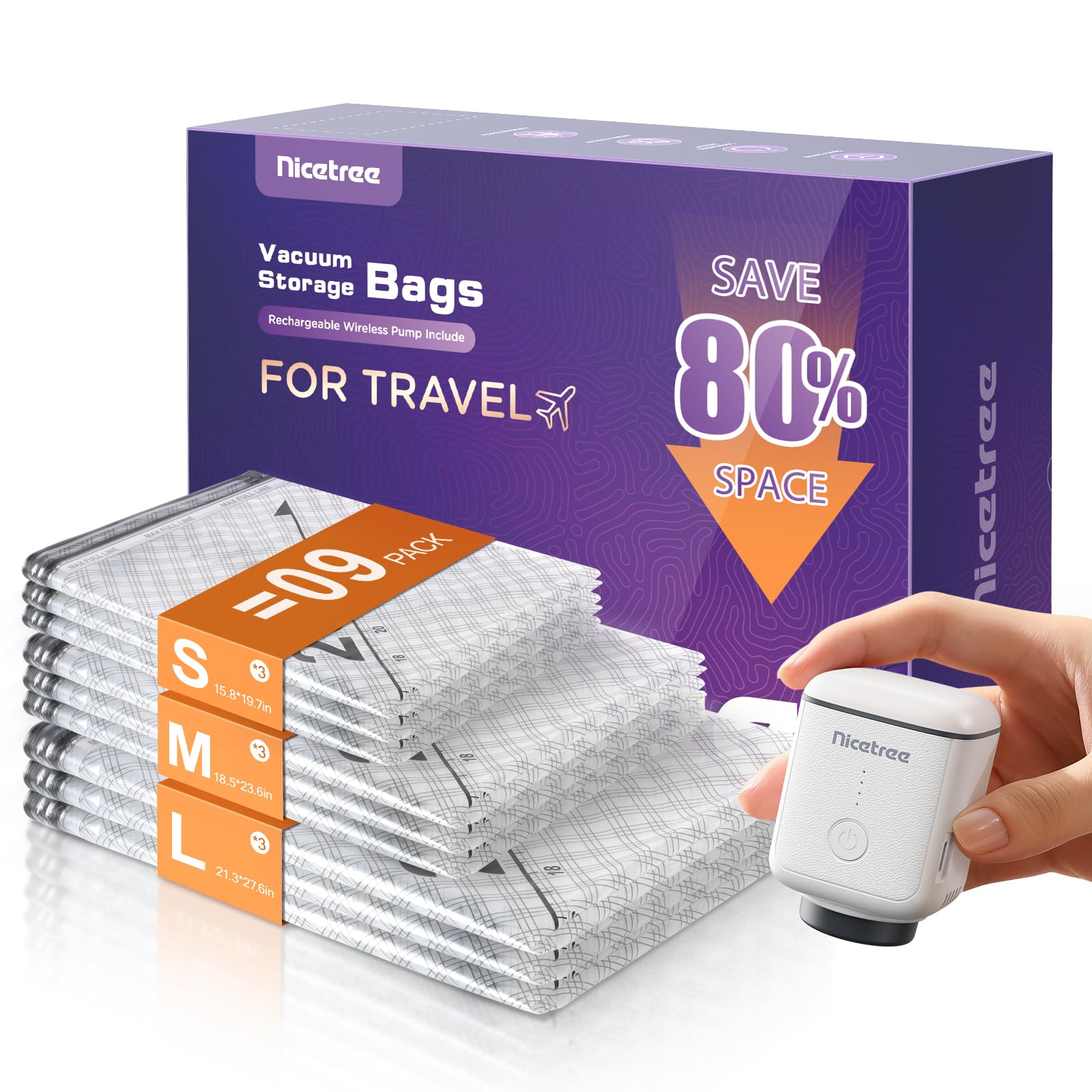 Nicetree 9-Pack Vacuum Storage Bags with Rechargeable Wireless Pump, 3 Sizes (20/24/28 Inch) Travel Vacuum Seal Bags for Clothin