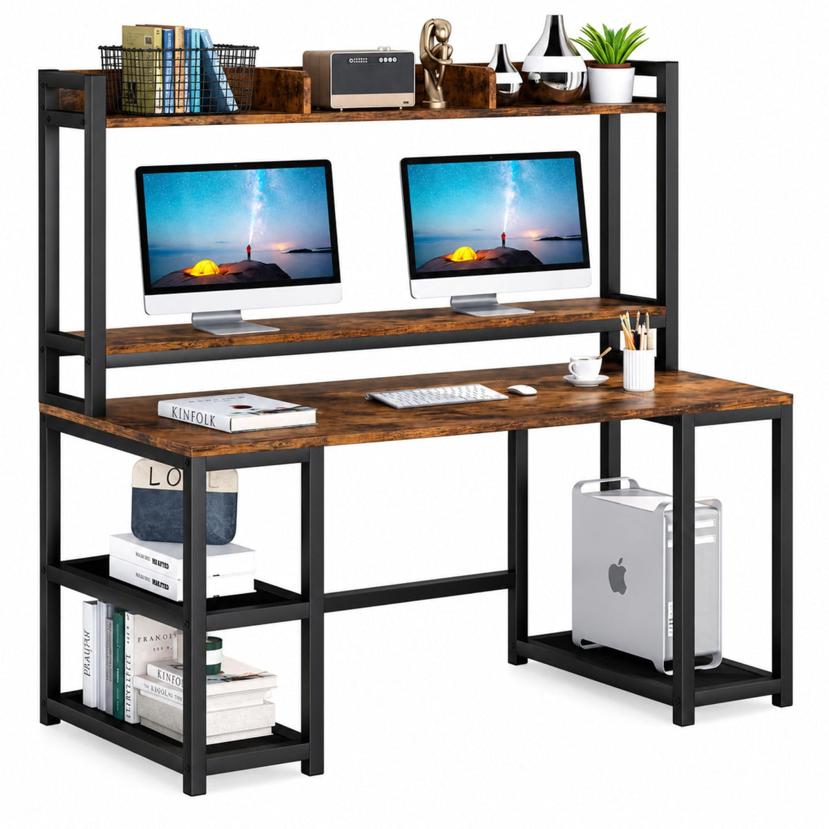 Office Desk With Storage Shelves 140Cm, Computer Desk With Bookshelf & Side Racks, Metal Frame Study Table For Home Office|Rusti