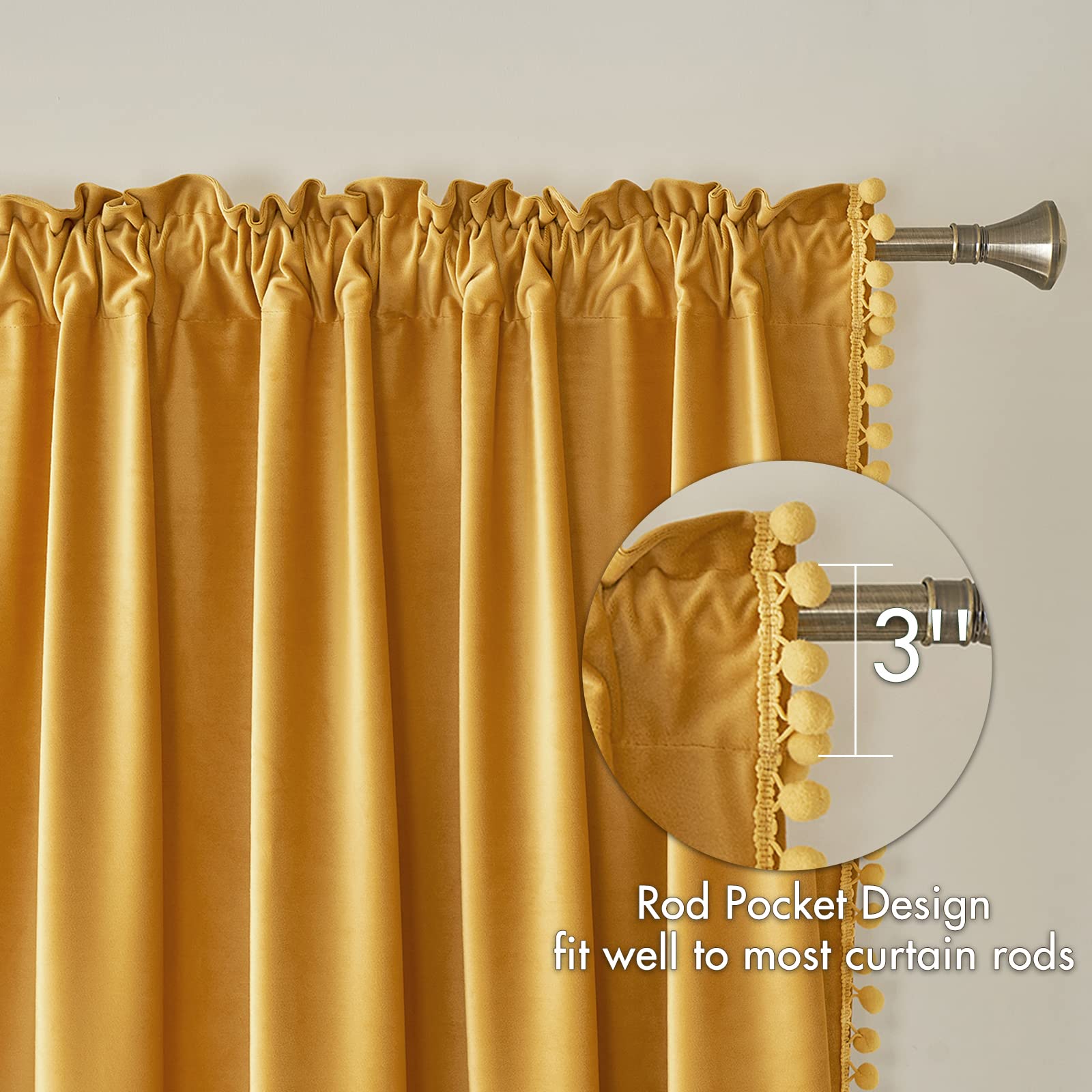 Miulee Mustard Yellow Pom Pom Velvet Curtains For Fall Bedroom/Living Room Darkening Thermal Insulating 84 Inches Long Blackout
